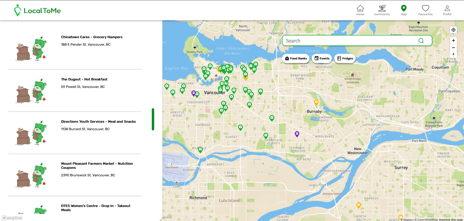 LocalToMe's map showing all the available food resources near Vancouver.